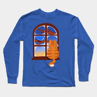 Ginger CAT with Blue bird in early morning Long Sleeve T-Shirt